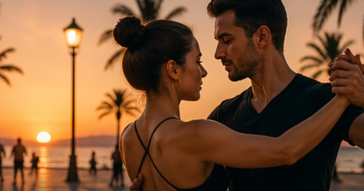 A dance couple standing together on a palm-lined promenade at sunset.