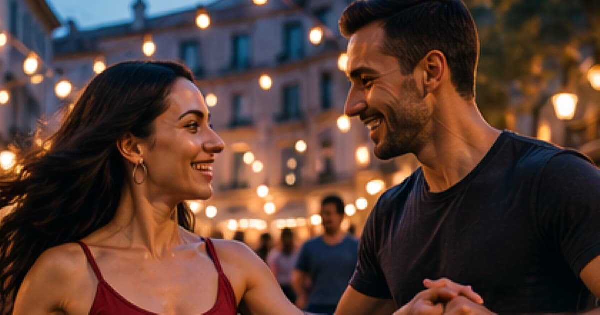 A smiling dance couple social dancing in a lively city square at dusk.