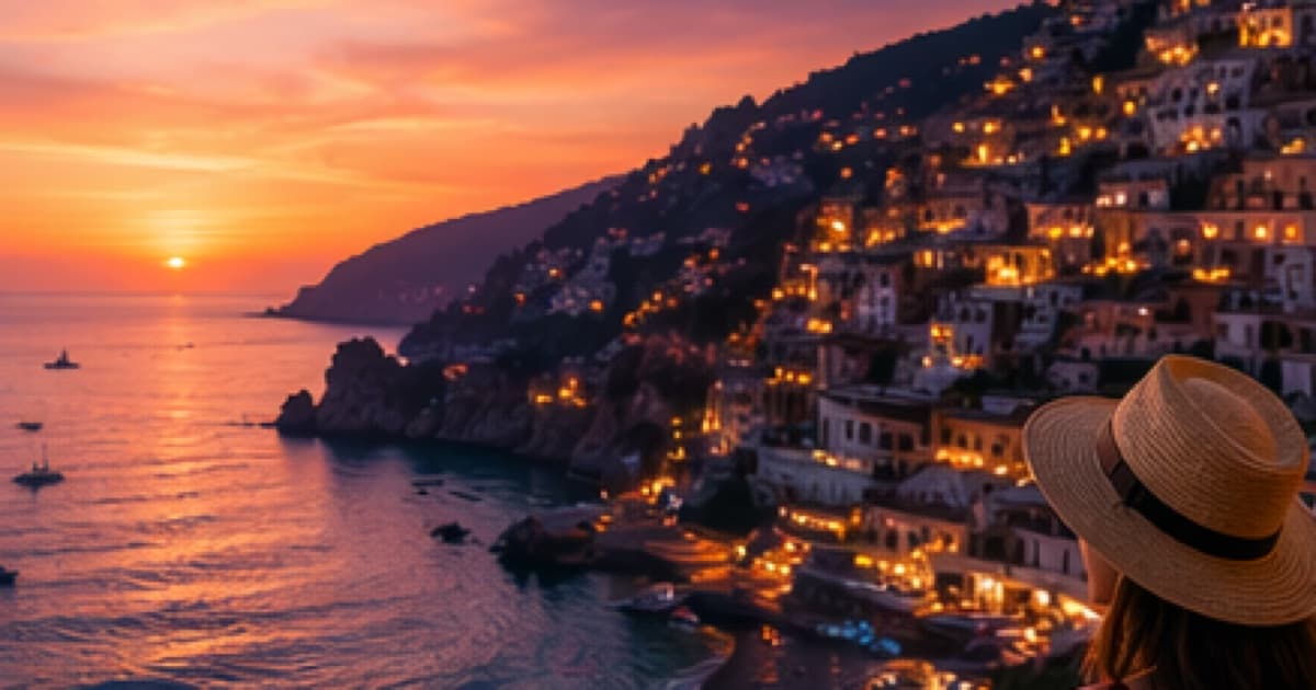 A sunset coastal travel scene with hillside lights overlooking the sea.